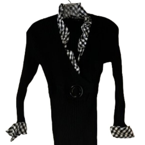 Tracy M. Black Stretch Sweater w/Houndstooth Ruffle Collar & Cuffs - Large - Picture 1 of 4